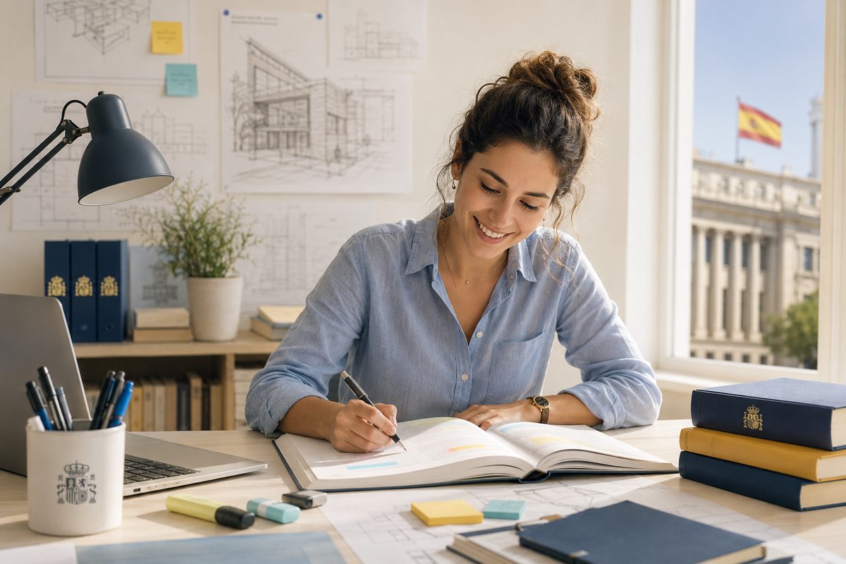 Arquitecta estudiando el temario de la oposición en su escritorio